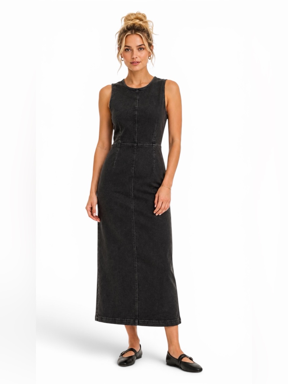 NWT – Gap Denim Midi Dress Black Wash Sleeveless Bodycon Sheath Sz. 6